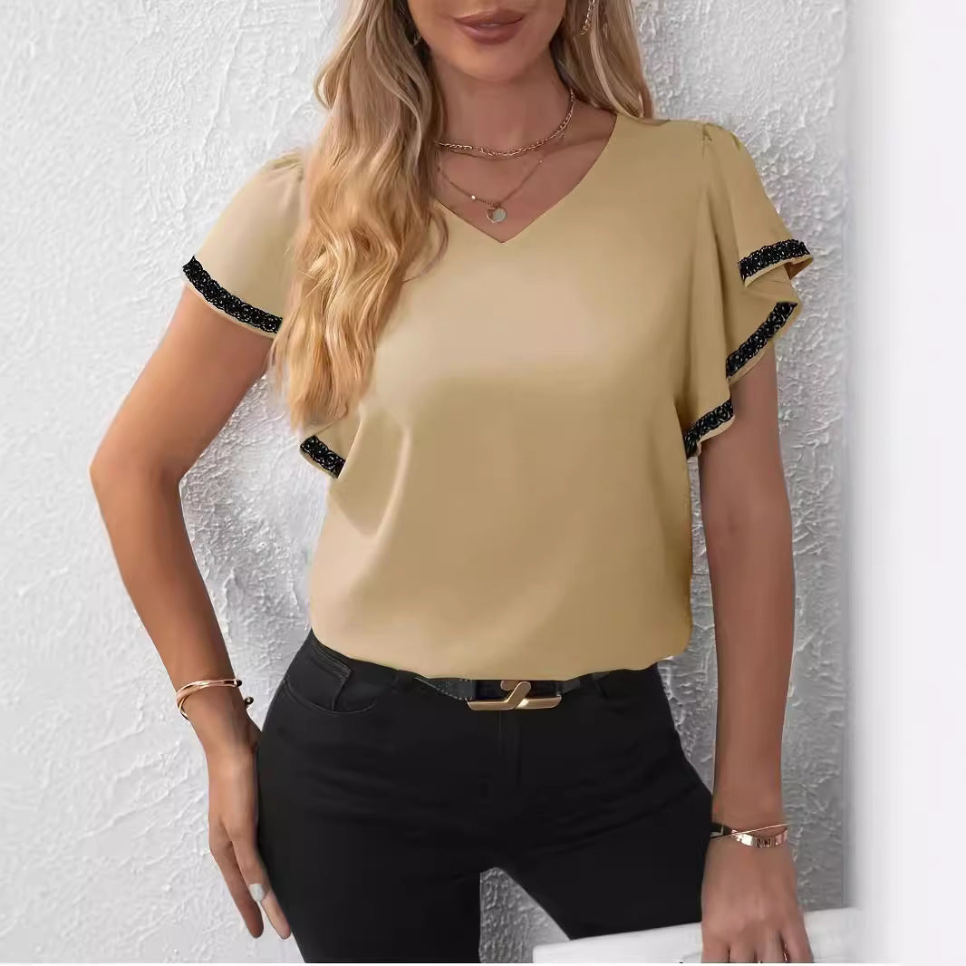 Women's Fashion Ruffle Sleeve Solid Color And V-neck T-shirt