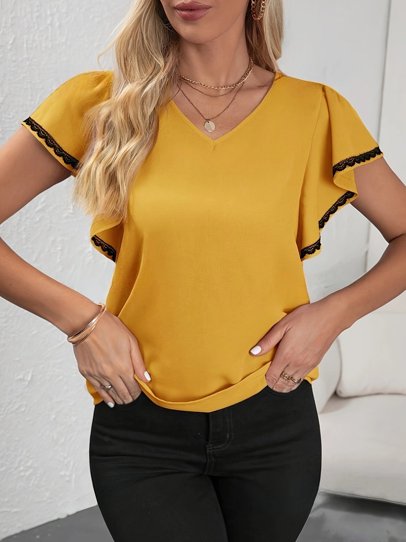 Women's Fashion Ruffle Sleeve Solid Color And V-neck T-shirt