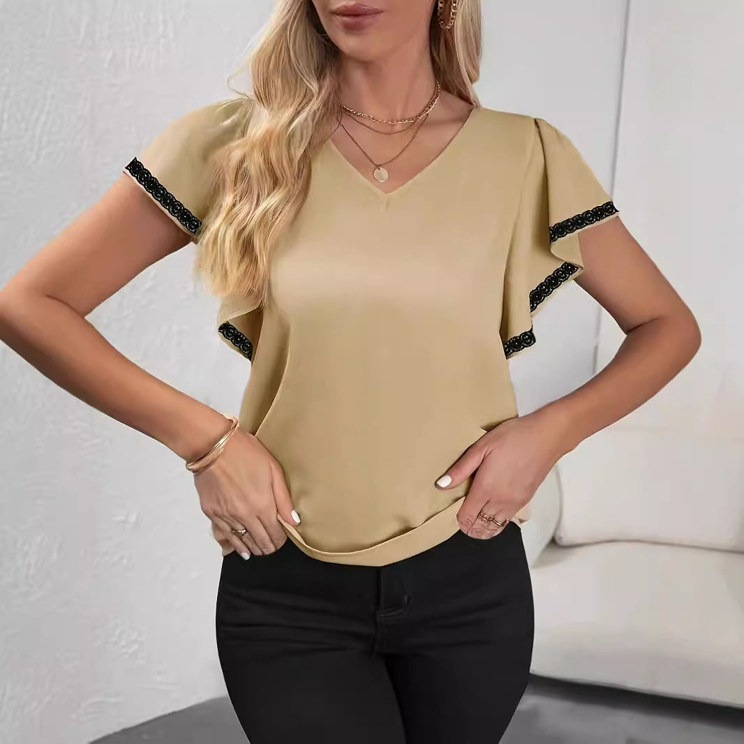 Women's Fashion Ruffle Sleeve Solid Color And V-neck T-shirt