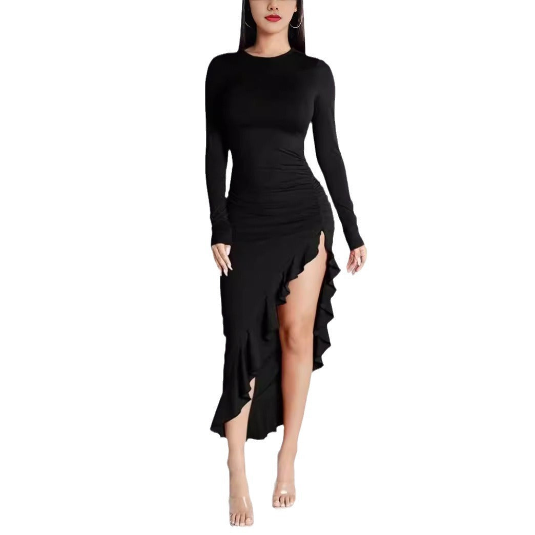 Round Neck Long Sleeve Slim Solid Color Frill Split Ruffled Dress